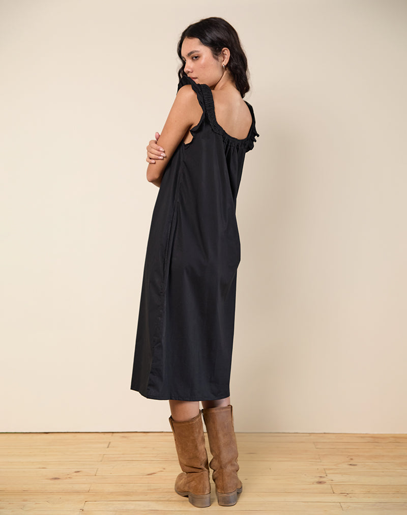 Image of Merrily Smock Midi Dress in Poplin Black