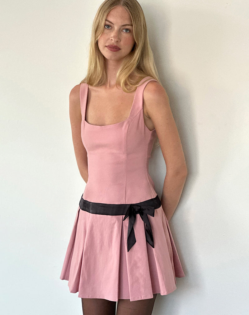 Michelia Mini Dress in Pink with Black Bow