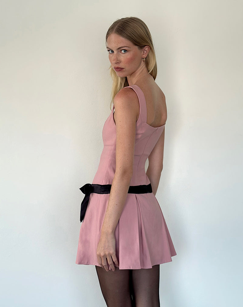 Image of Michelia Mini Dress in Pink with Black Bow