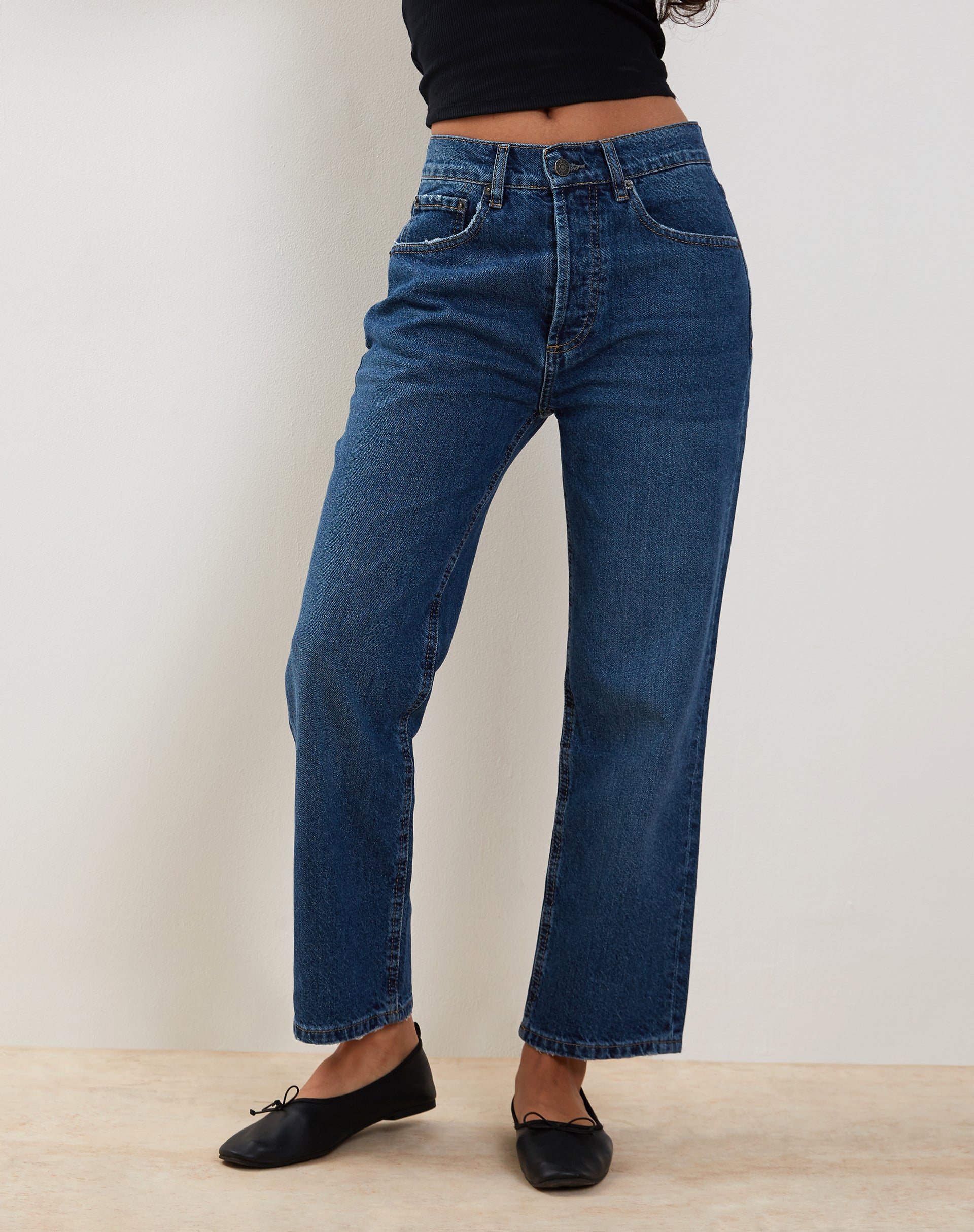 Mid Blue Used Denim Straight Leg Jeans | Mid Rise – motelrocks.com