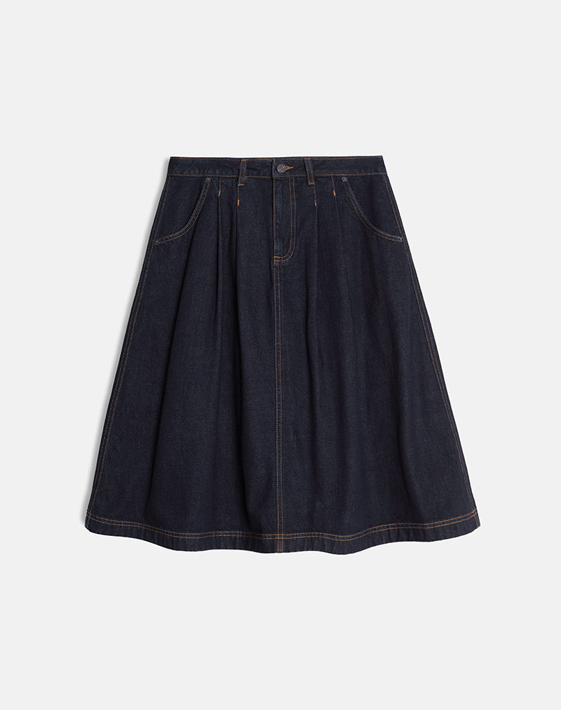 Image of Pleated Midi Denim Skirt in Indigo