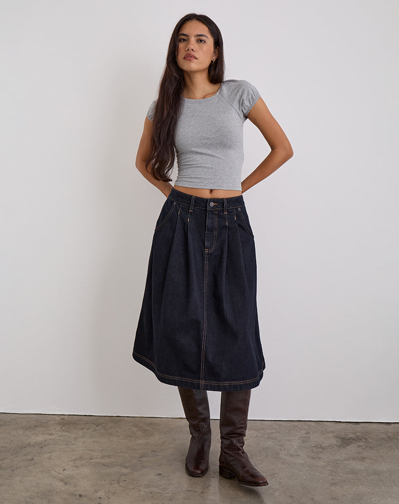 Pleated Midi Denim Skirt in Indigo