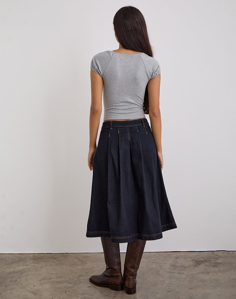 Image of Pleated Midi Denim Skirt in Indigo