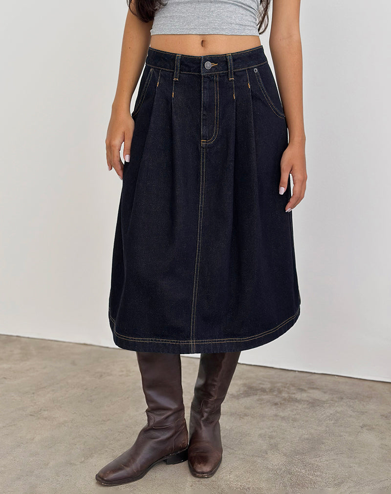 Image of Pleated Midi Denim Skirt in Indigo