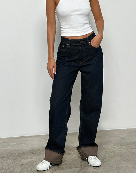 Indigo Dark Blue Turnup Straight Leg Jeans | Midrise – motelrocks.com