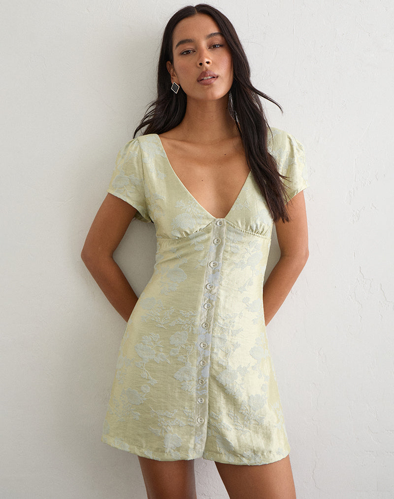 Image of Miel Button Up Mini Dress in Jacquard Sage Green