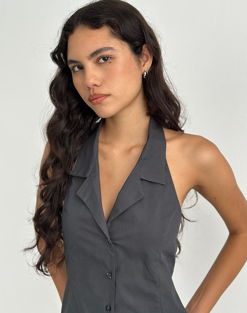Image of Mikanu Button Down Halterneck Blouse in Charcoal Grey