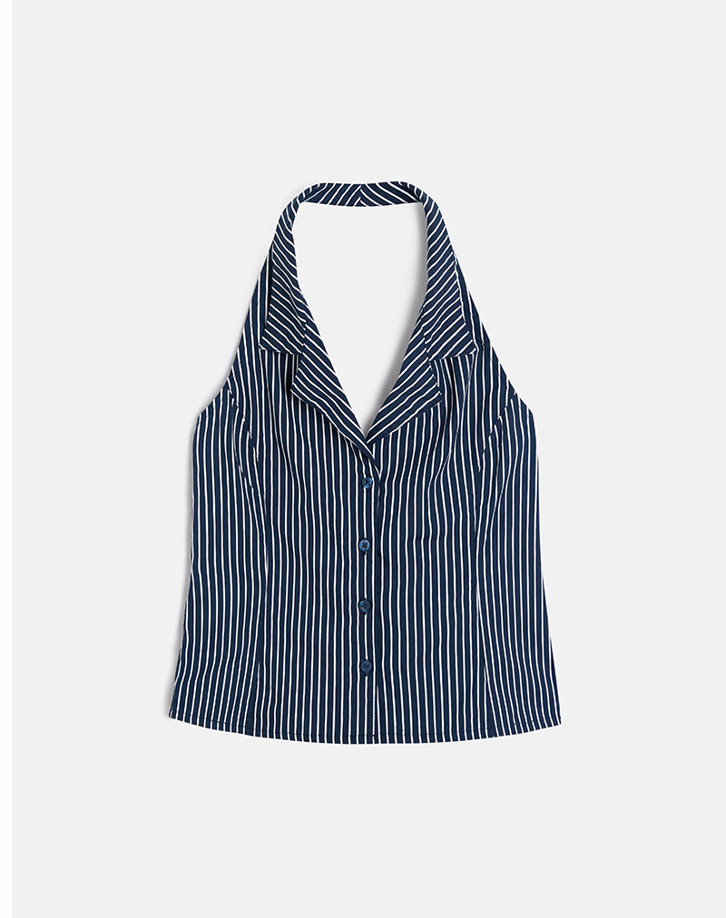 Image of Mikanu Halterneck Blouse in Pinstripe Navy