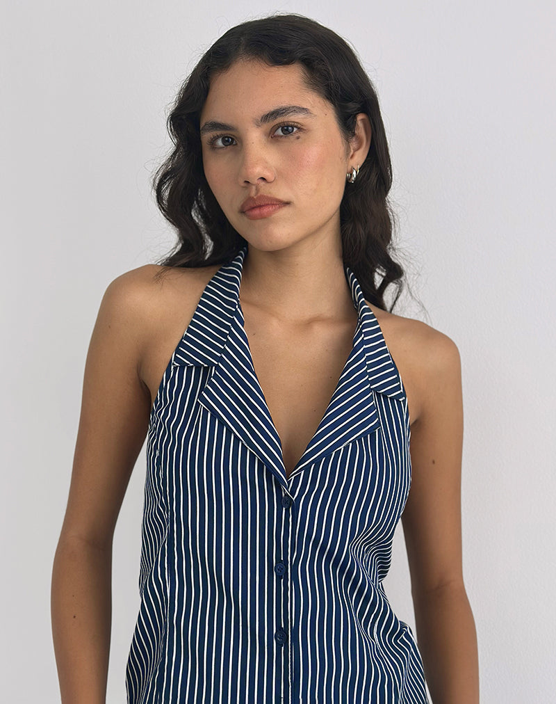 Image of Mikanu Halterneck Blouse in Pinstripe Navy