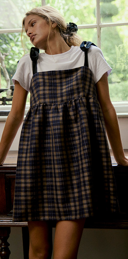 Image of Mikayla Square Neck Mini Dress in Navy and Mustard Check
