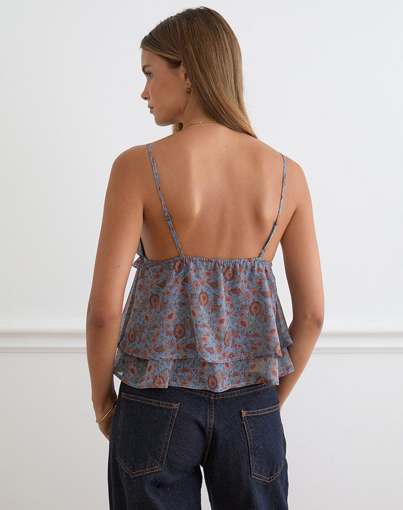 Image of Millar Frill Top in Shadow Blossom Blue Chiffon