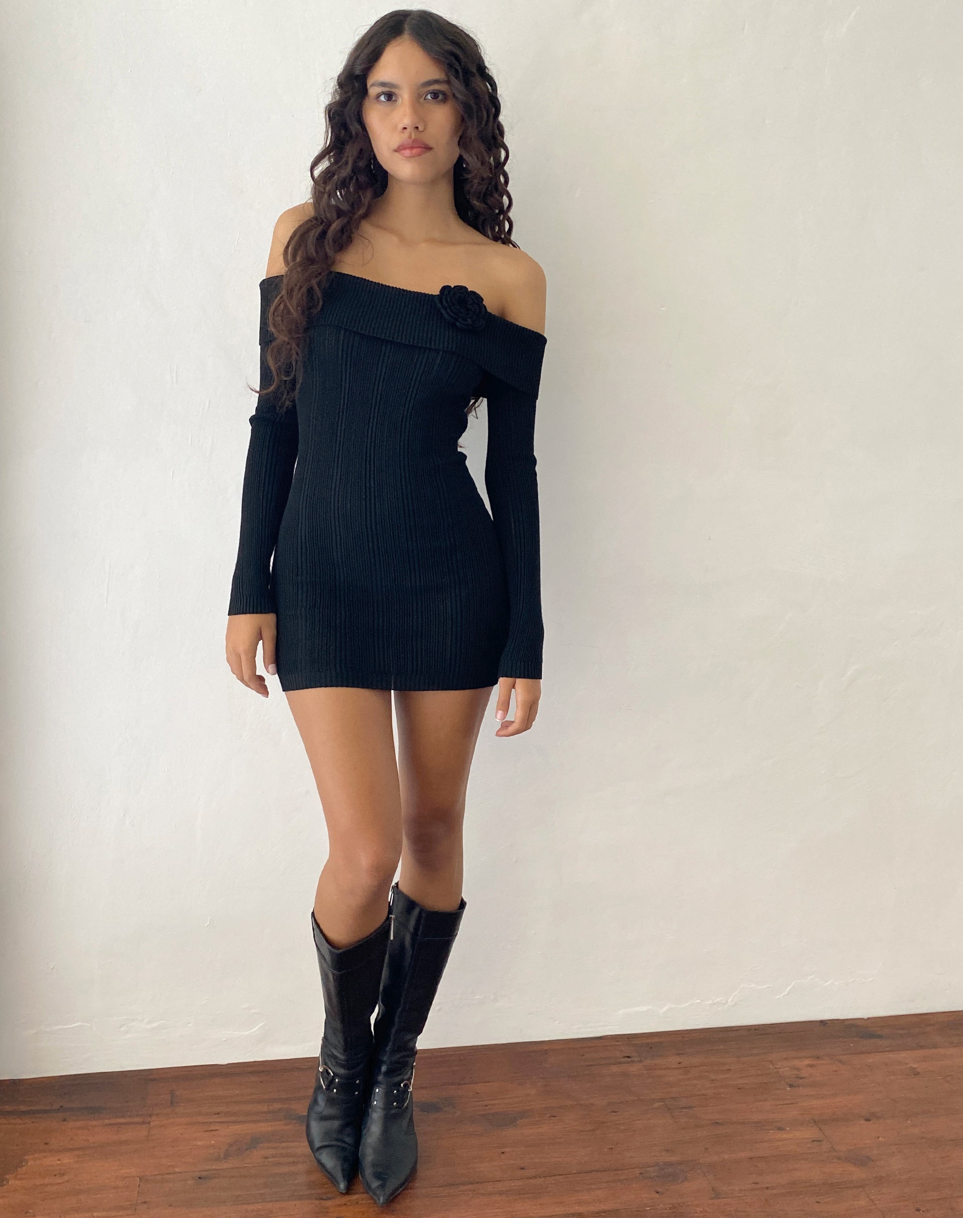 Image of Mirabel Knitted Bardot Mini Dress in Black with Rosette