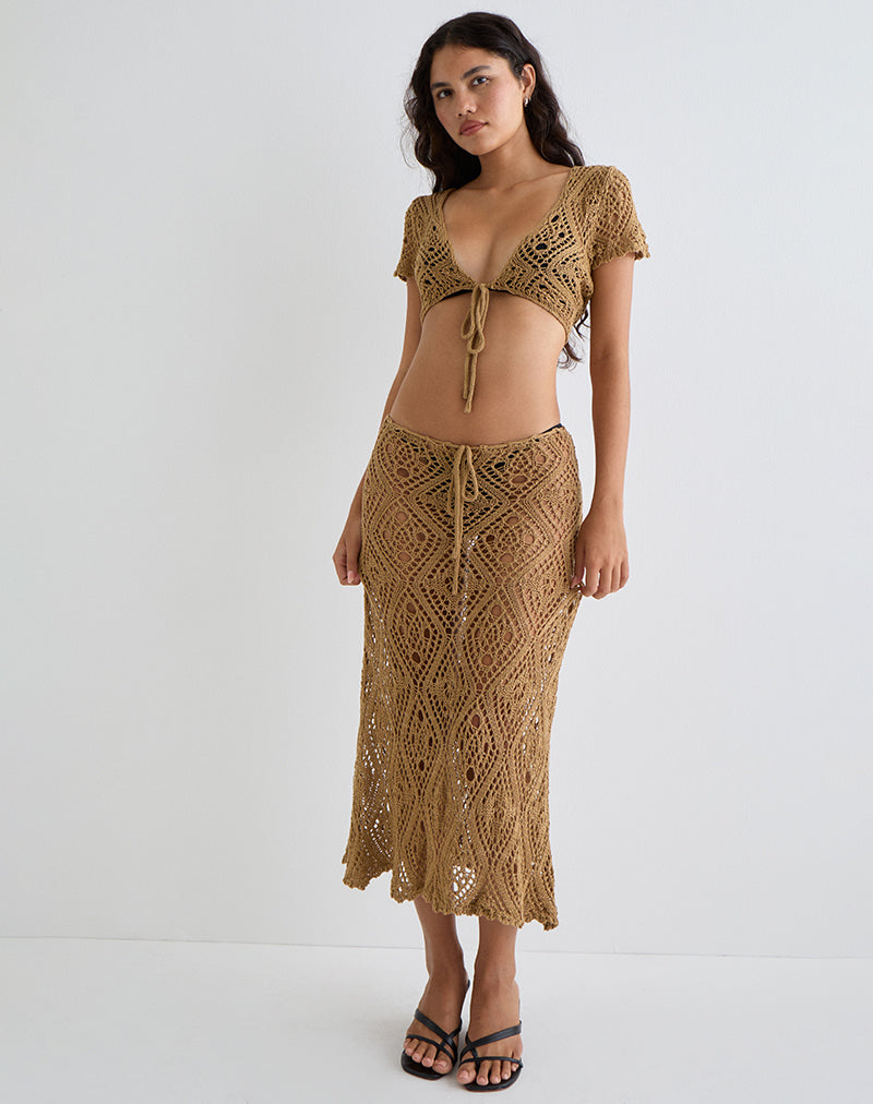 Image of Mirea Grown On Sleeve Shurg Top in Crochet Camel
