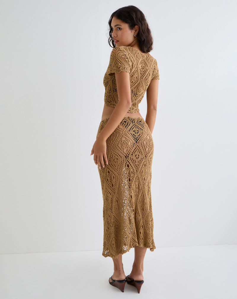 Image of Diora Tie Front Skirt in Crochet Camel