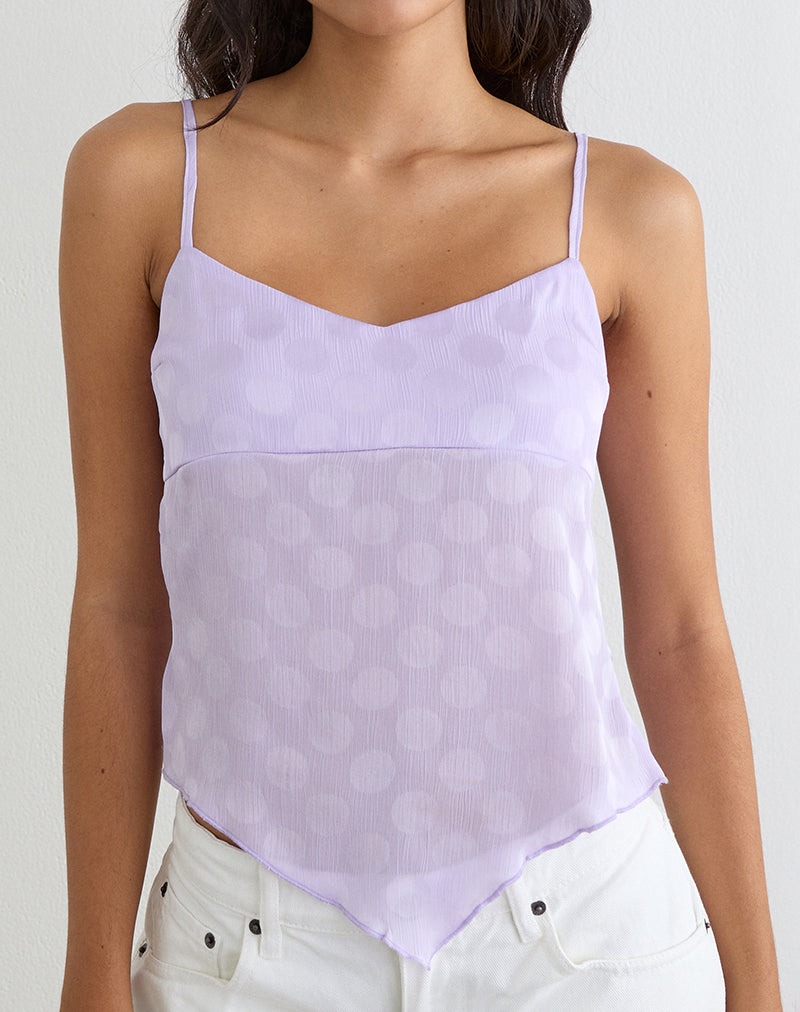 Mirelle Handkerchief Cami Top in Chiffon Lilac Polka Dot