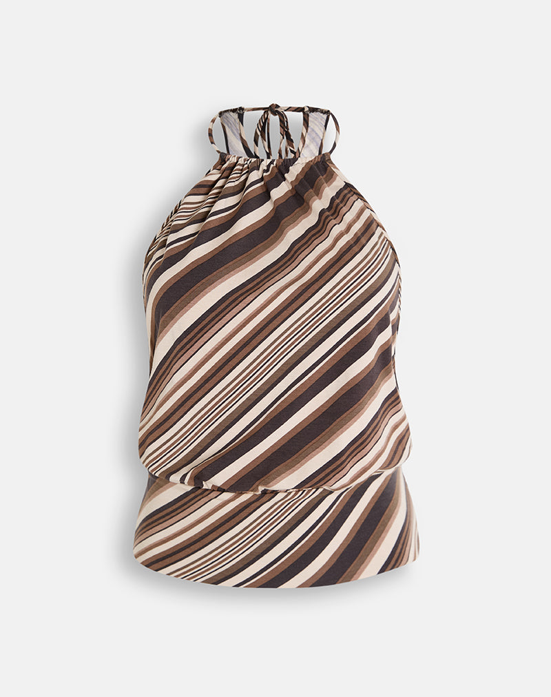 Miruna Halterneck Top in Mixed Stripe Chocolate