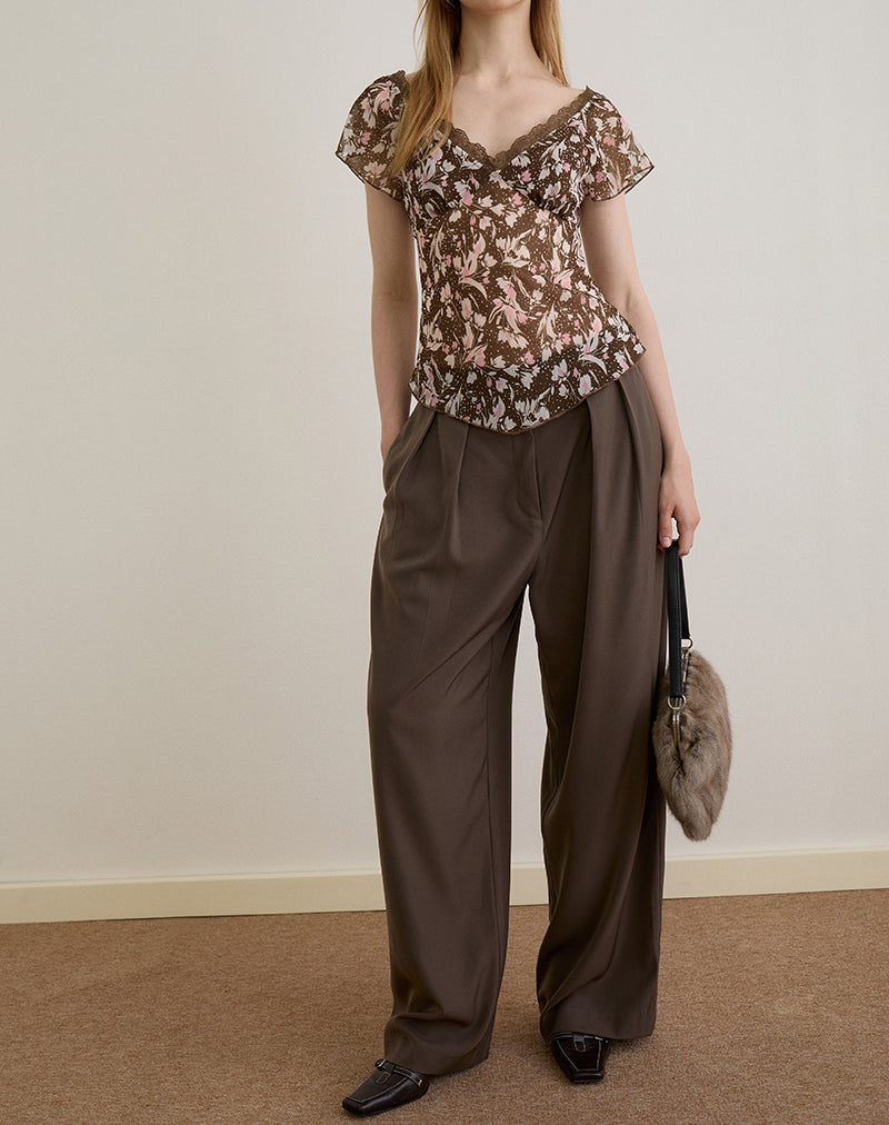 Image of Misaki Top in Chiffon Polka Flower Brown