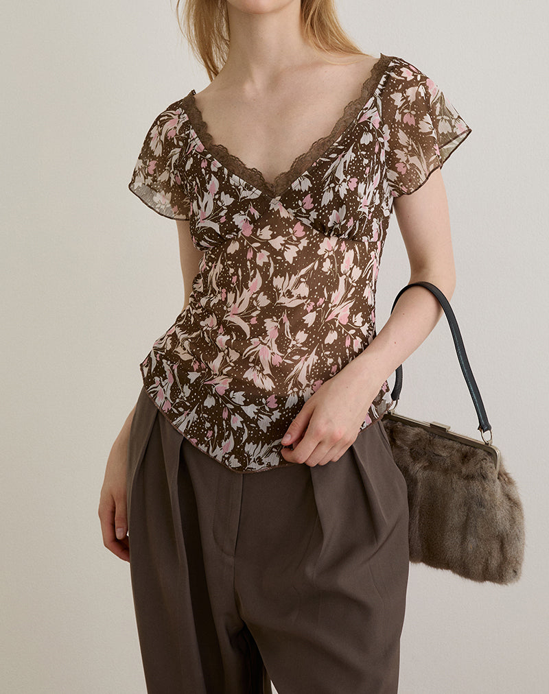 Image of Misaki Top in Chiffon Polka Flower Brown