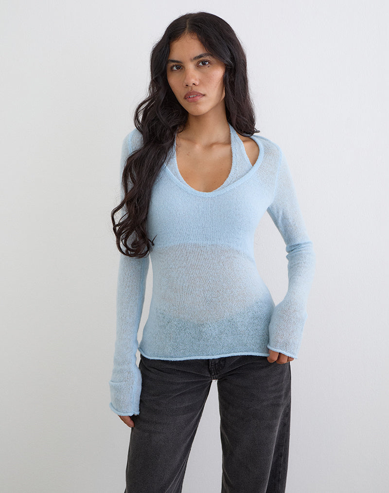 Blue Sheer Knit Long Sleeve Top | Misora – motelrocks.com