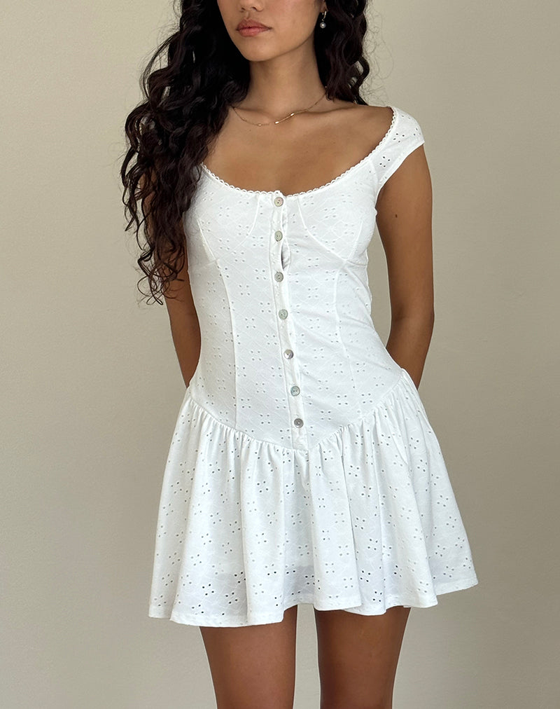 Image of Misty Mini Tea Dress in Broderie White