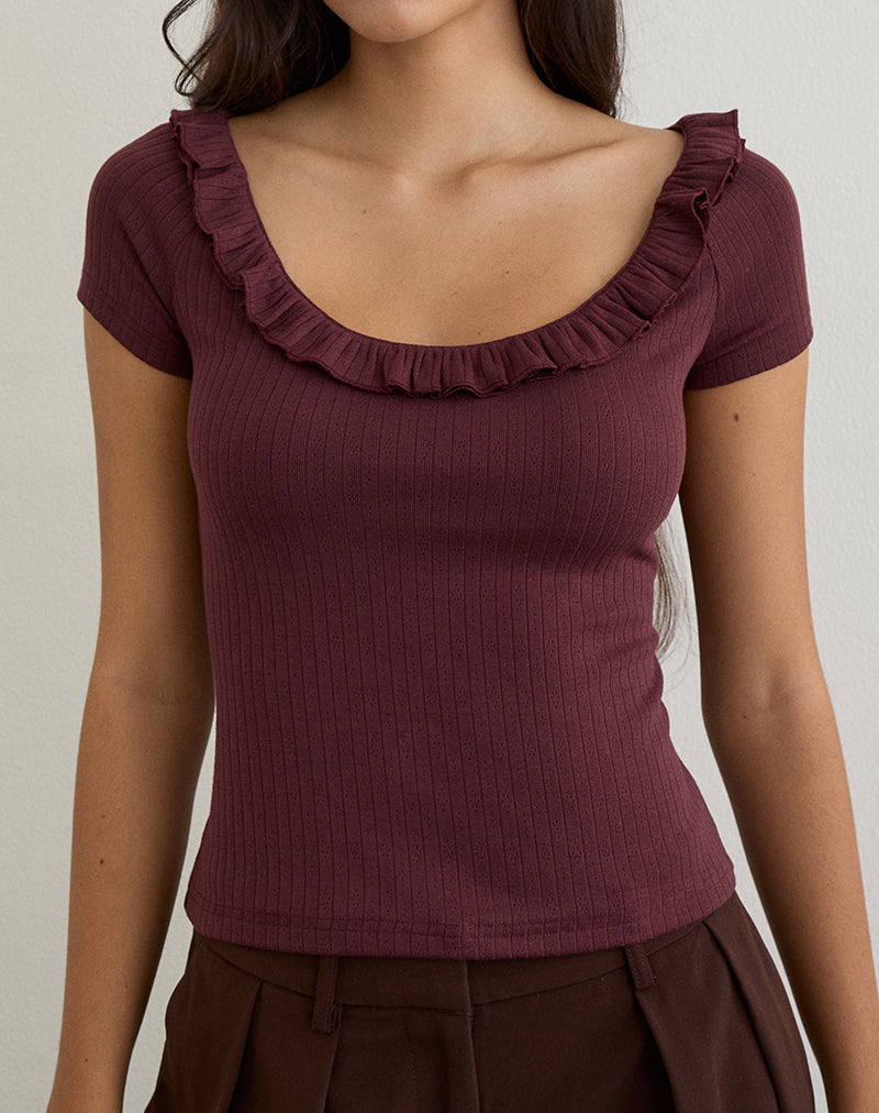 Image of Mitali Top with Ruffle in Pointelle Burgundy