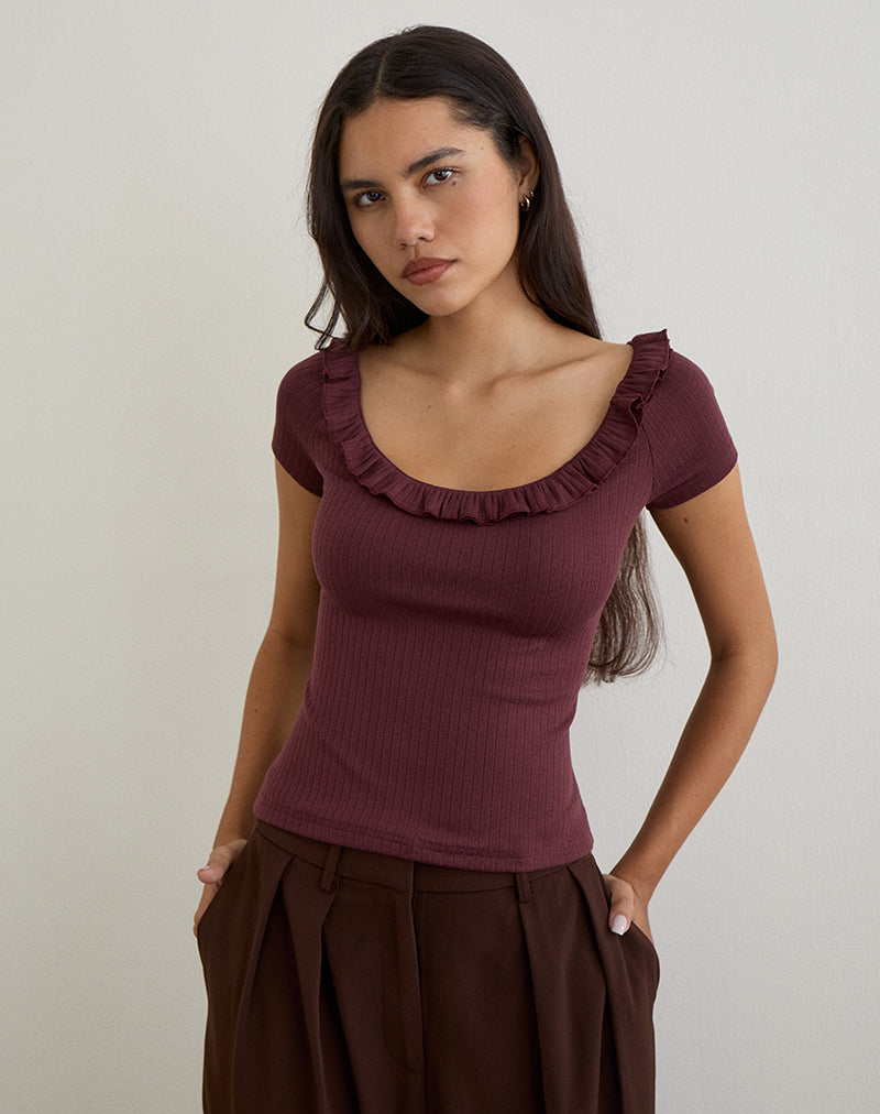 Image of Mitali Top with Ruffle in Pointelle Burgundy