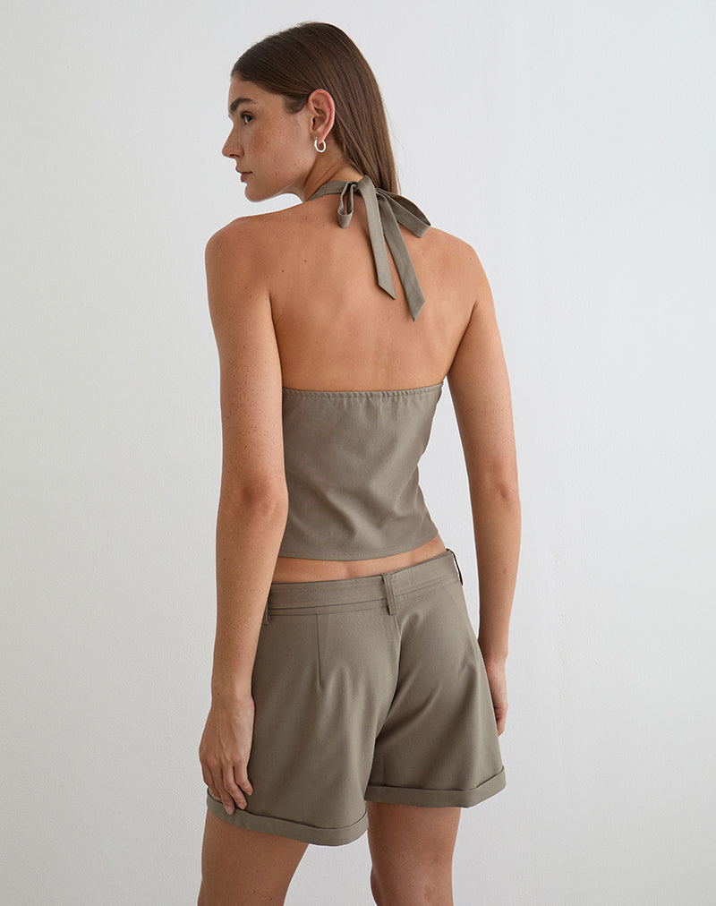 Image of Miyuki Tie Front Halterneck Top in Tailoring Dark Beige