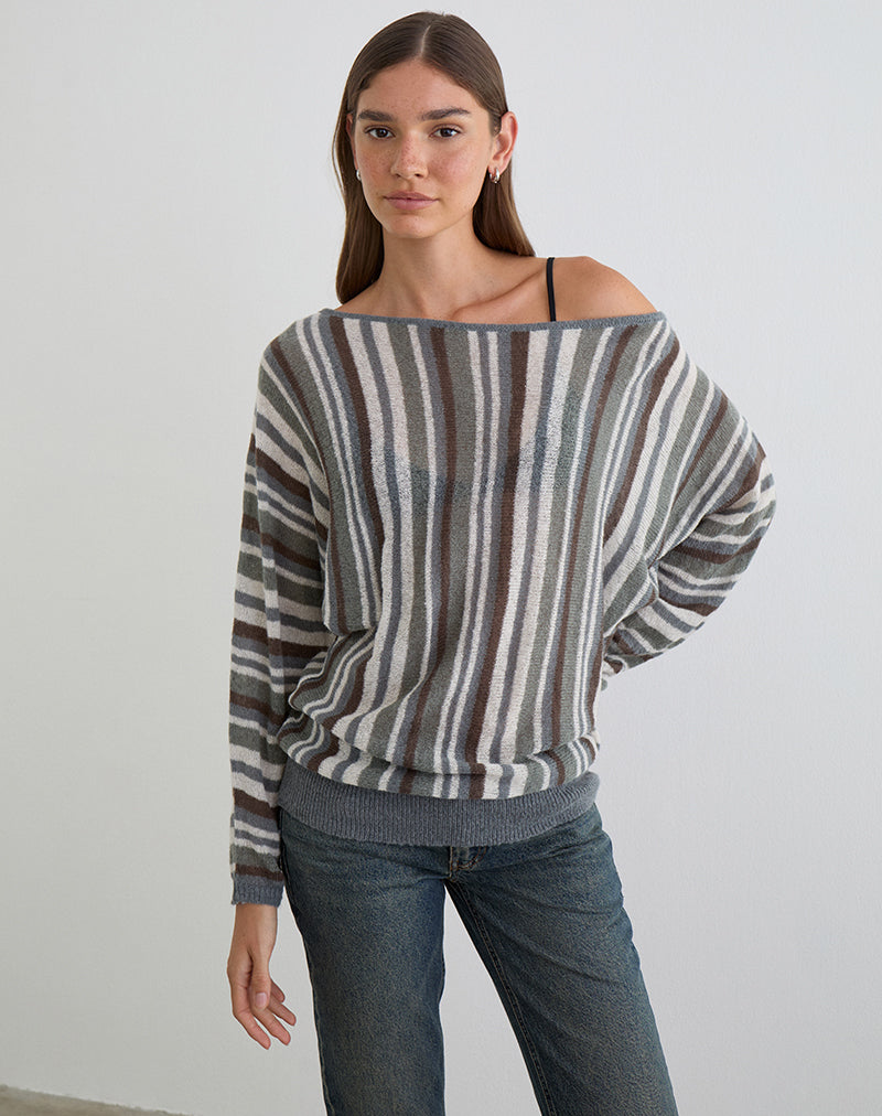 Monara Off Shoulder Knit Top in Big Stripe Grey