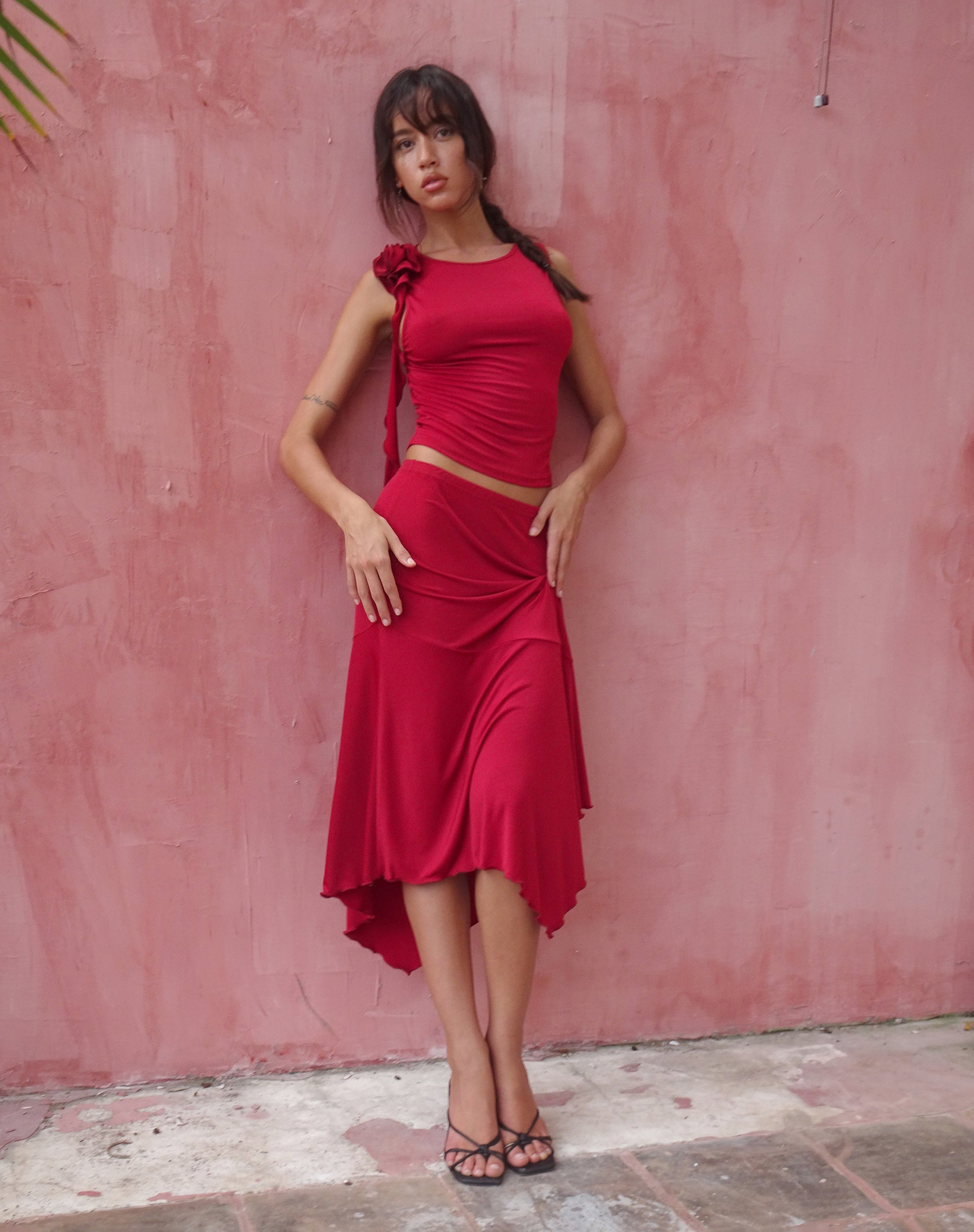 Image of Cinta Low Rise Midi Skirt in Red