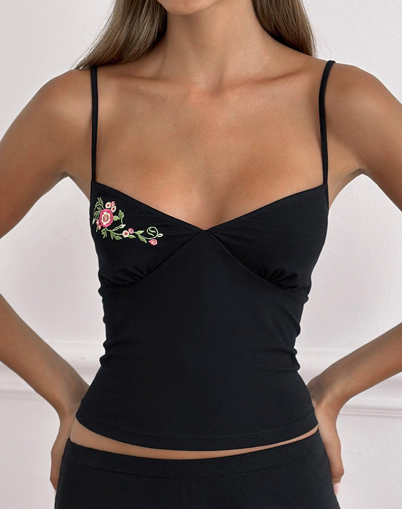 Morty Cami Top in Black with Swirly Floral Embroidery