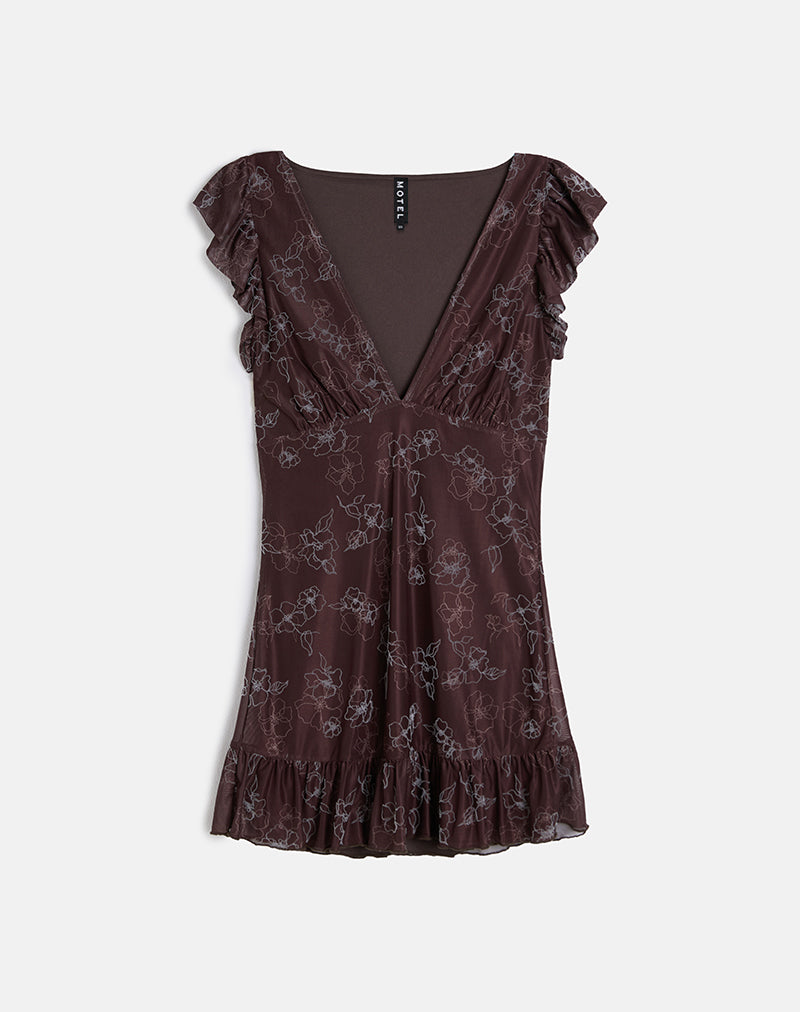 Image of Motarika Mini Dress in Doodle Flower Flock Brown