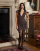 Image of  Mowgli Cap Sleeve Mini Dress in Brown with Micro Polka Pink Print