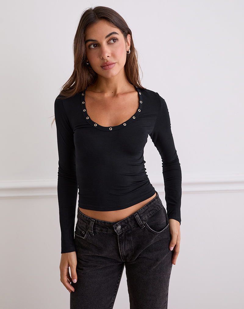 Image of Myoga Studded Scoop Long Sleeve Top in Black