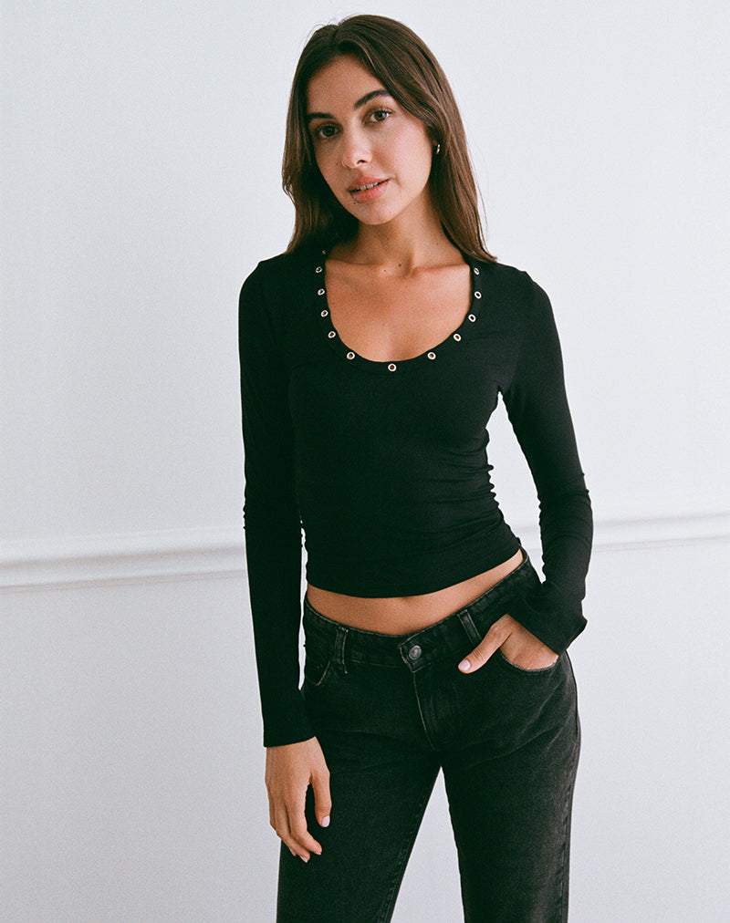 Image of Myoga Studded Scoop Long Sleeve Top in Black