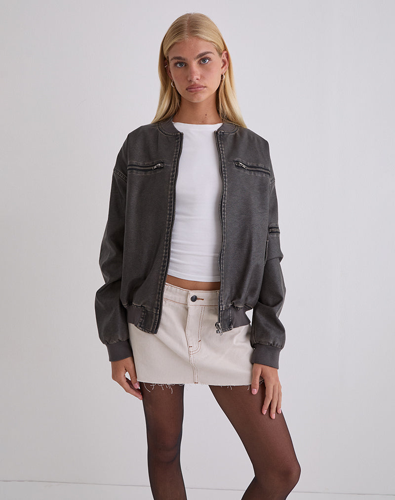 Image of Marco Distressed Bomber Jacket in PU Charcoal