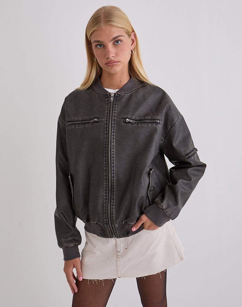 Distressed PU Charcoal Bomber Jacket | Marco – motelrocks.com