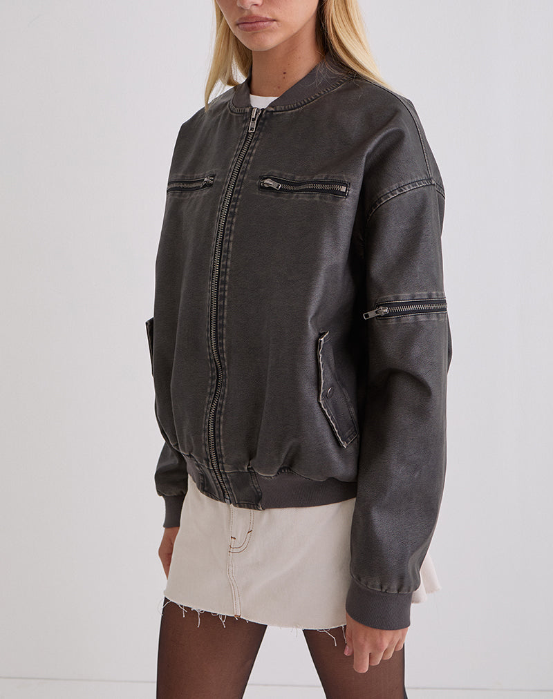 Image of Marco Distressed Bomber Jacket in PU Charcoal