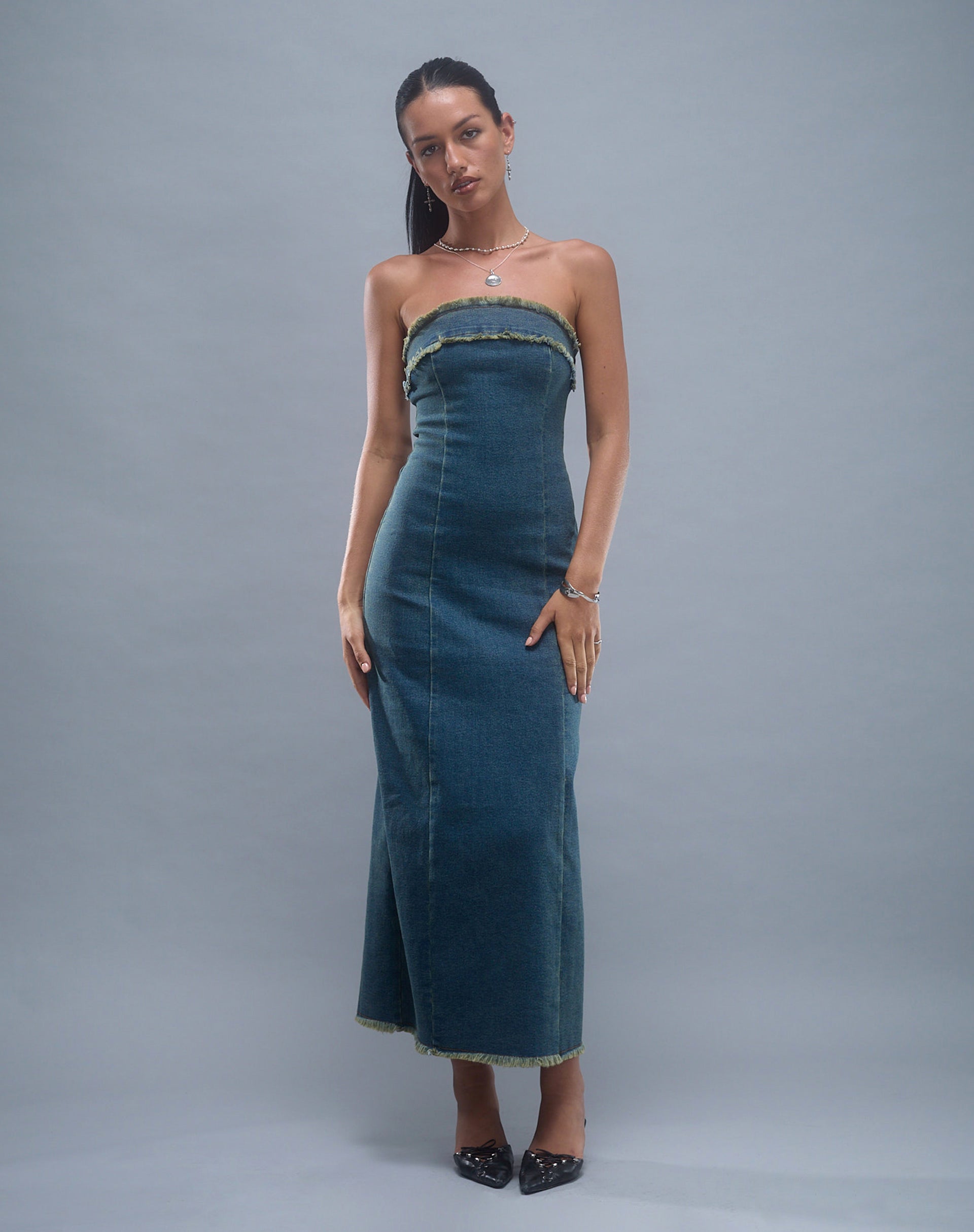 Atun Denim Bandeau Maxi Dress in Brown Blue Acid Wash Atun Denim Bandeau Maxi Dress in Brown Blue Acid Wash