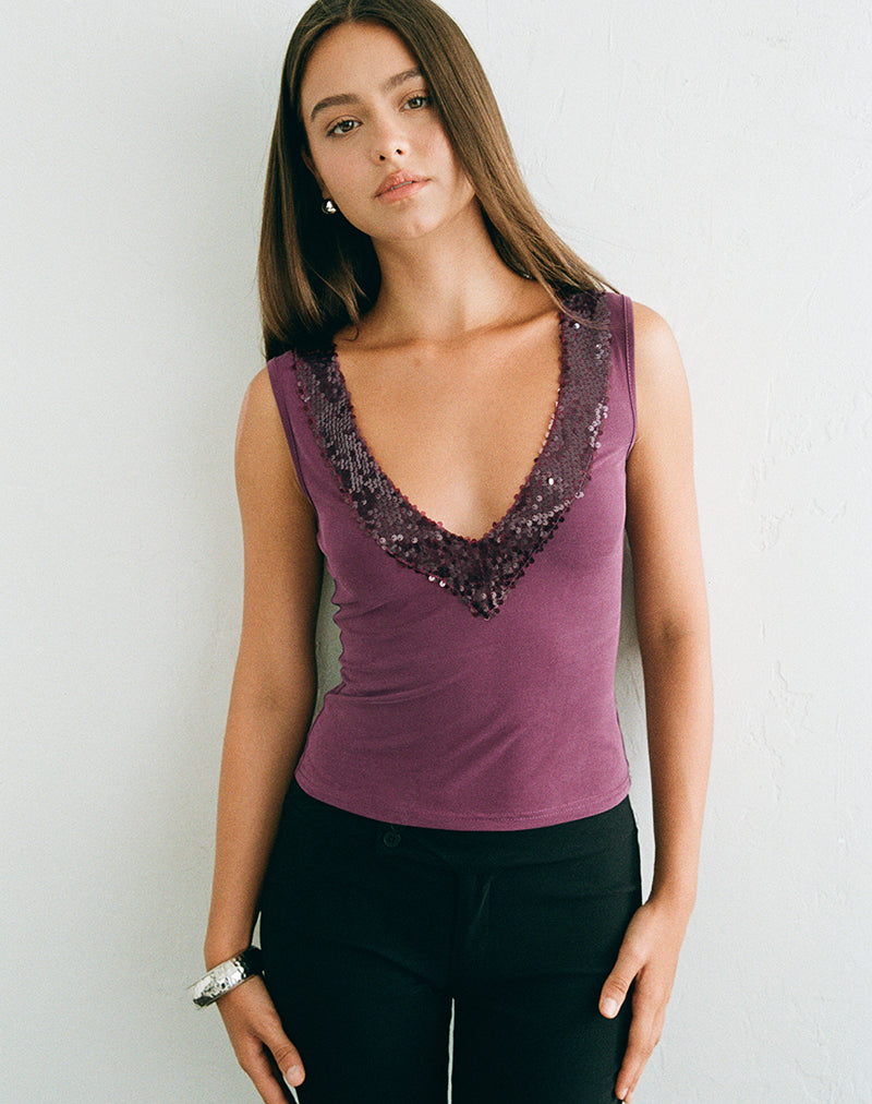 Image of Nahia Top with Sequin Trim in Cupro Deep Purple
