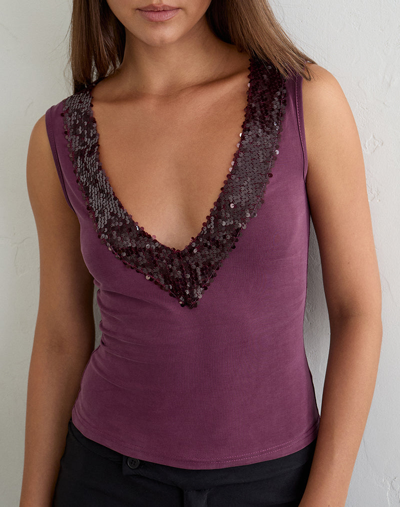 Image of Nahia Top with Sequin Trim in Cupro Deep Purple