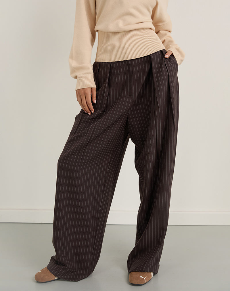 Image of Nala Wide Pleated Trouser in Dark Brown Pinstripe