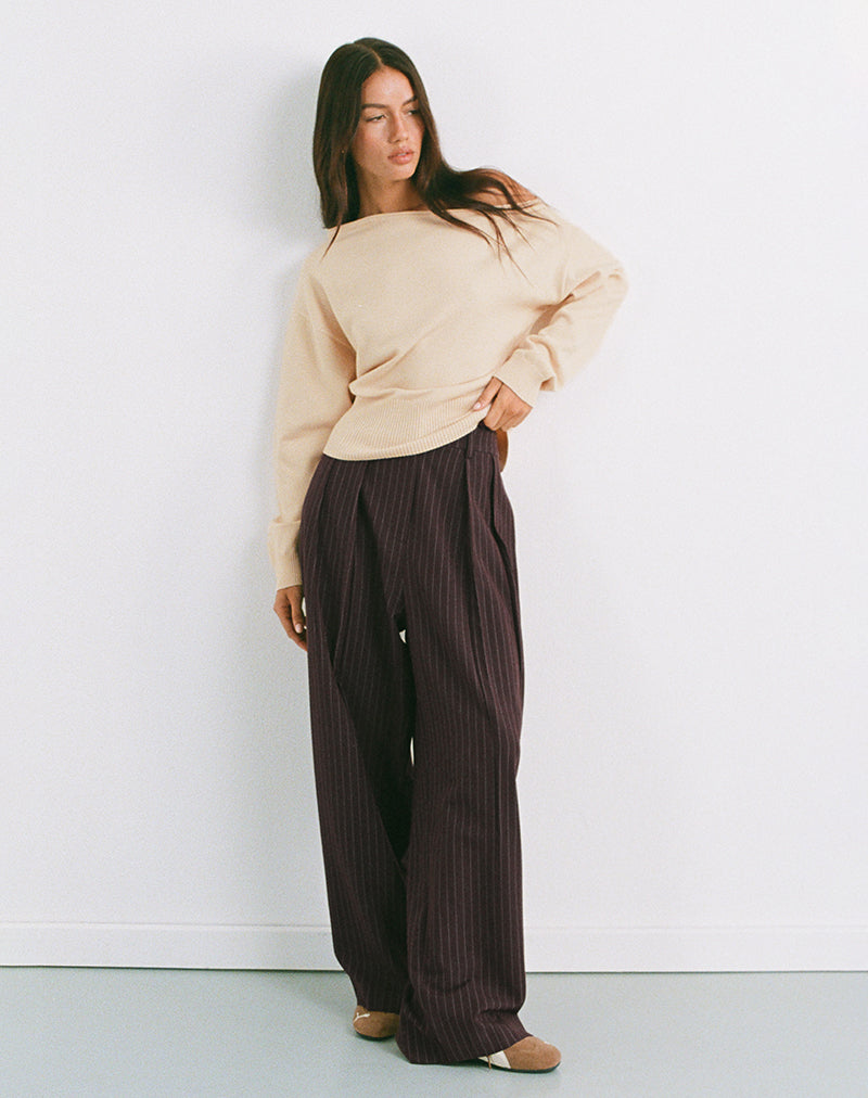 Image of Nala Wide Pleated Trouser in Dark Brown Pinstripe