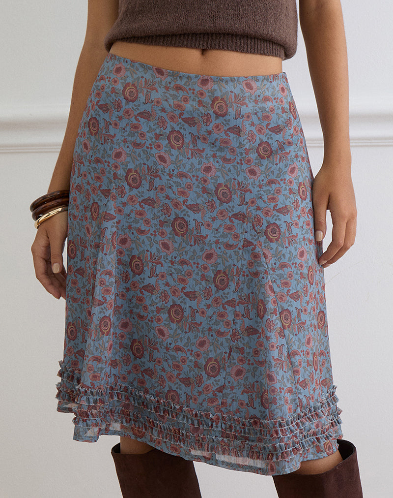Image of Nanami Midi Skirt in Shadow Blossom Blue Chiffon