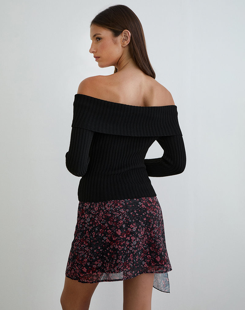 Image of Naru Mini Skirt in Chiffon Scattered Floral Black and Red