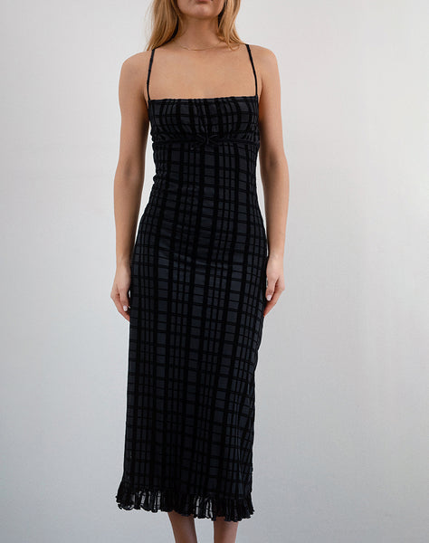 Black Check Flock Mesh Midi Dress