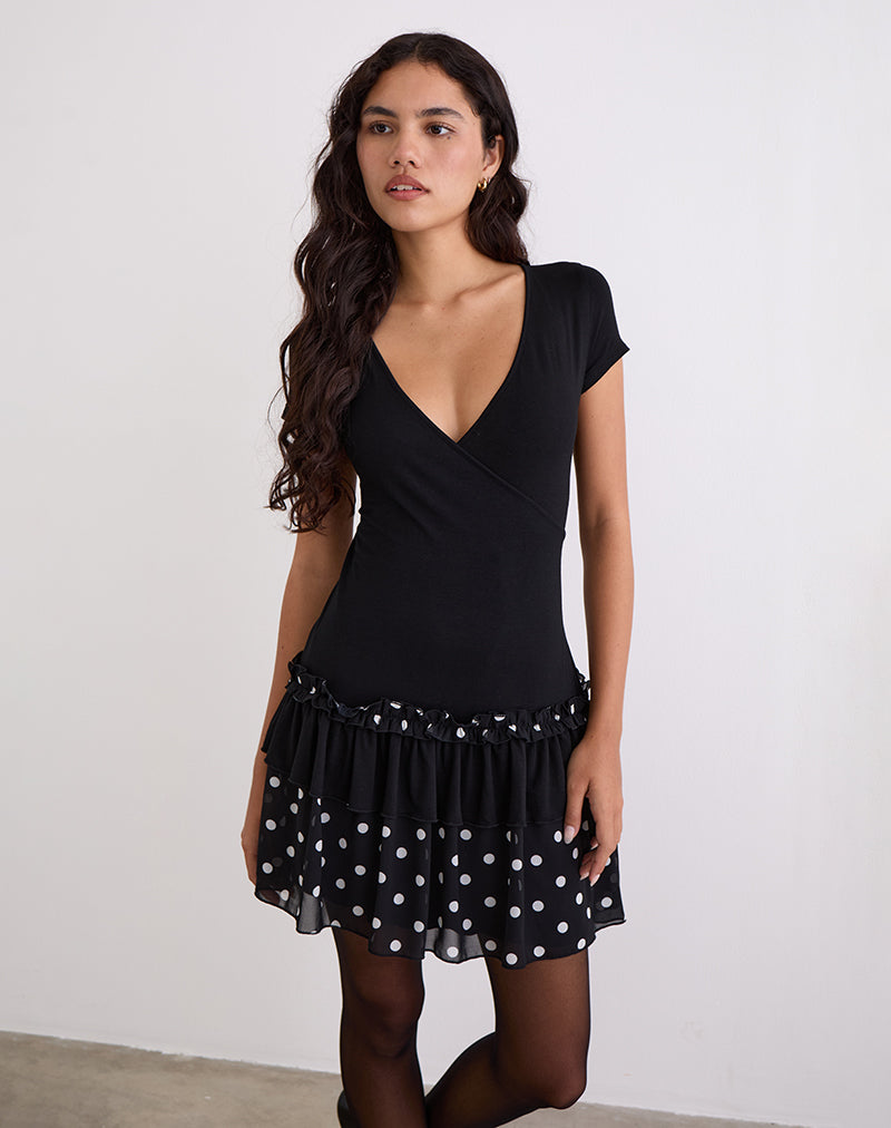 Image of Navya Wrap Mini Dress in Polka Black and White