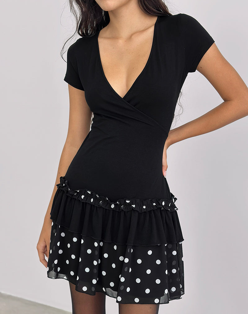 Image of Navya Wrap Mini Dress in Polka Black and White