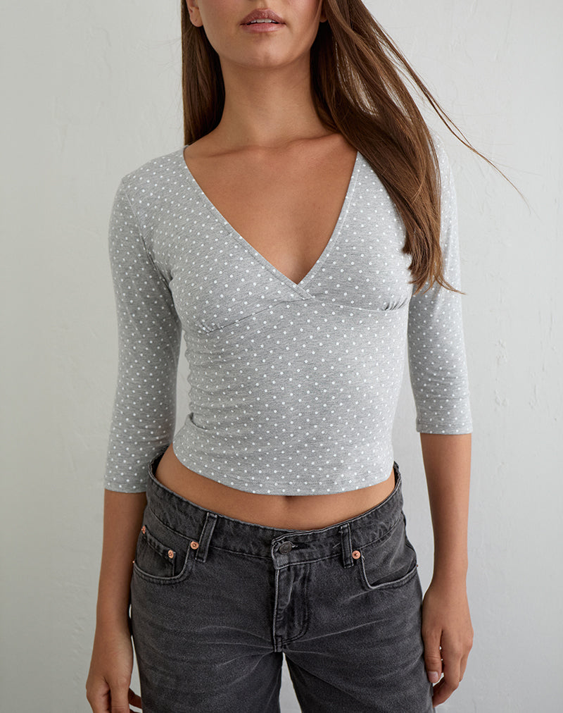 Image of Netacy Top in Grey Marl with White Micro Polka Dots