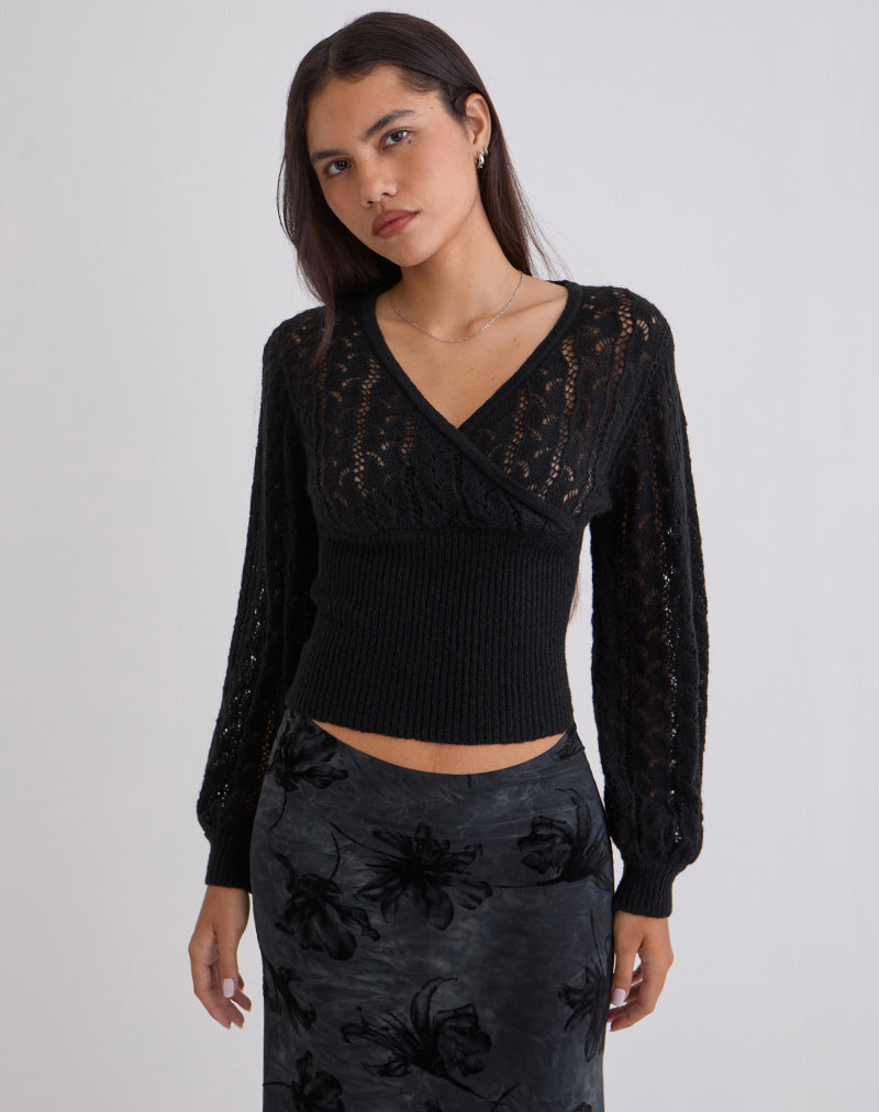 Nilara Wrap Top in Pointelle Knit Black