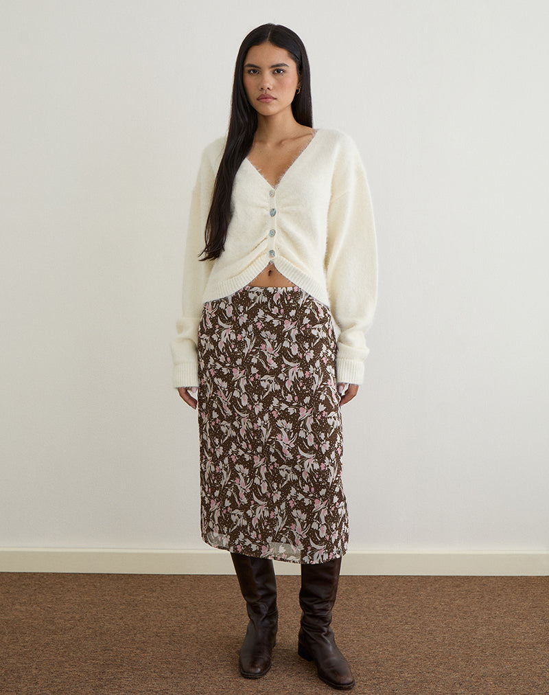 Image of Nimas Midi Skirt in Brown and Pink Polka Flower Chiffon